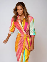 Striped Silk Maxi Dress  Orange Pink Wrap Design - Product detail 9