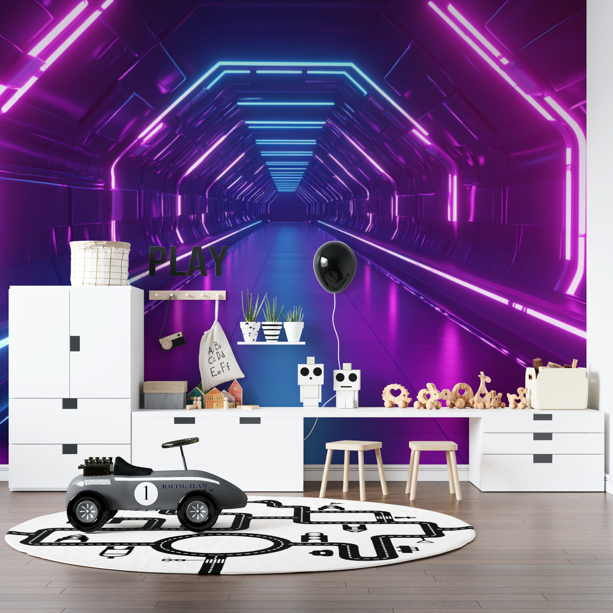 Gaming Mural Wallpaper | Neon Tunnel with Purple and Blue Lights