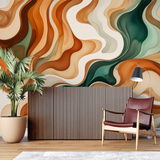Abstract Mural Wallpaper | Terracotta and Emerald Waves Design