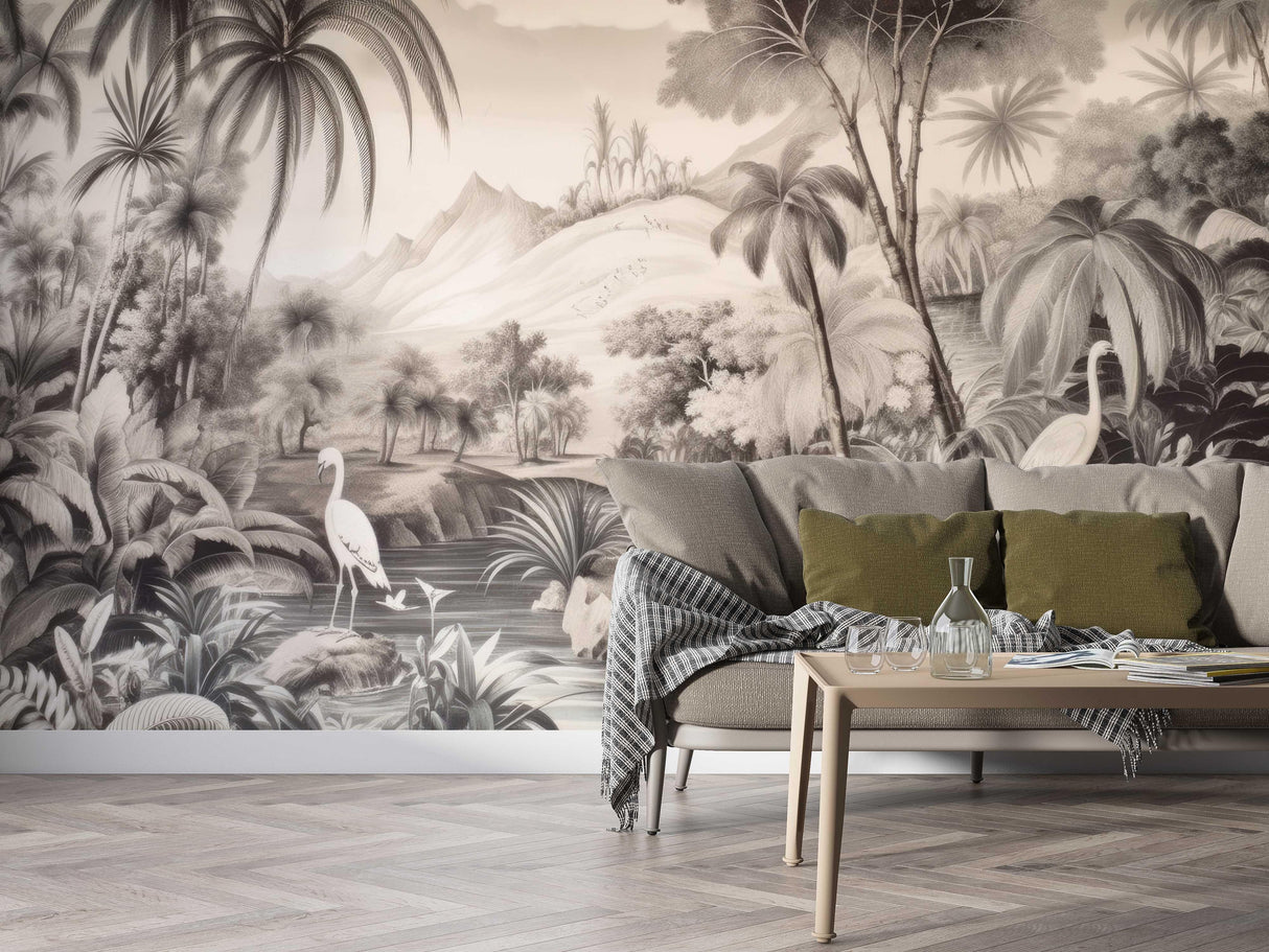 Tropical Paradise Mural Wallpaper | Monochrome Birds and Palm Trees