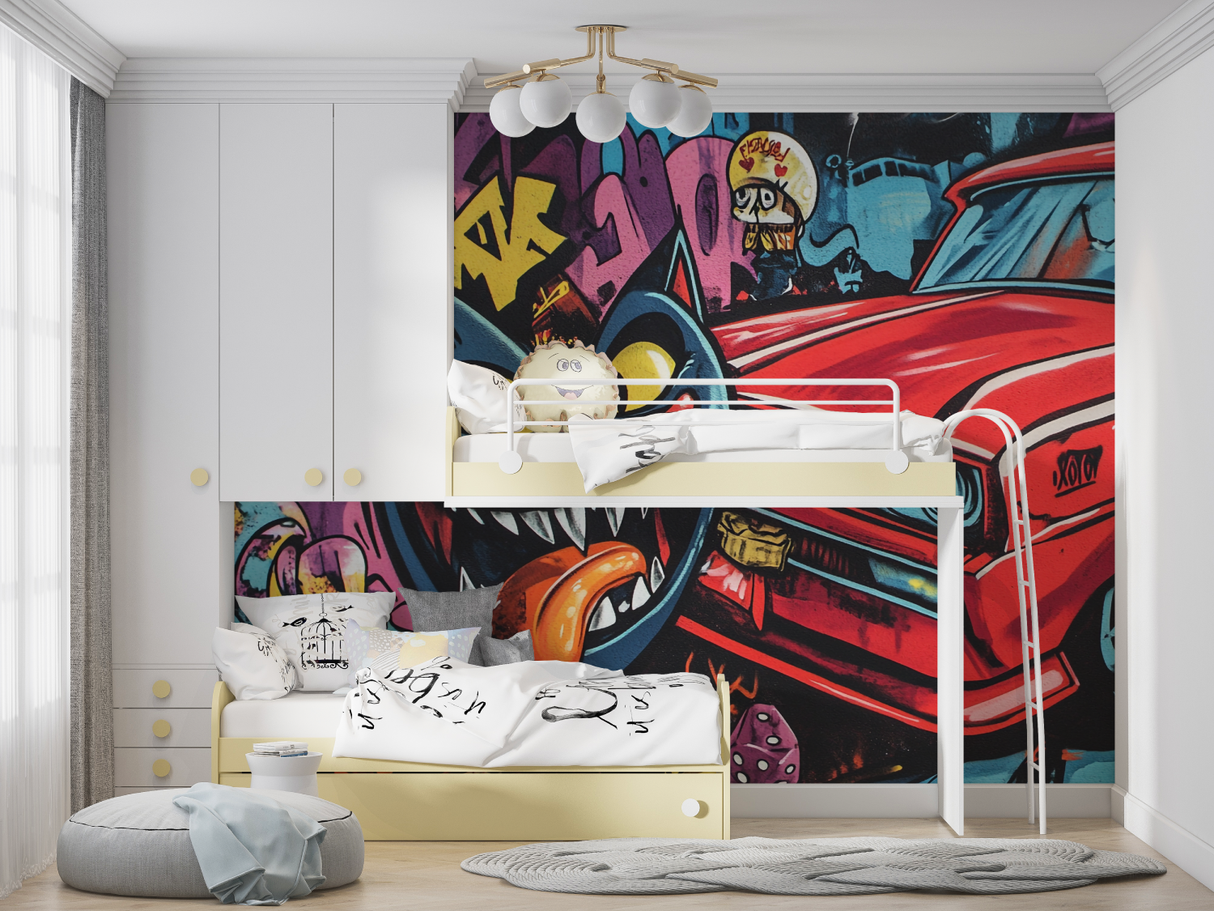 Street Art Mural Wallpaper | Urban Graffiti Cat and Classic Car