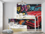 Street Art Mural Wallpaper | Urban Graffiti Cat and Classic Car