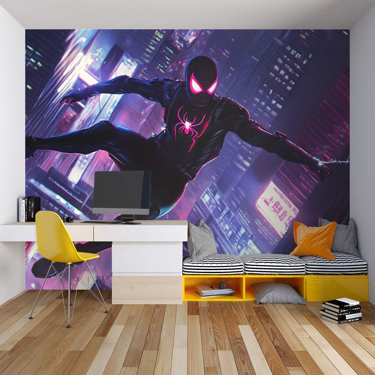 Superhero Mural Wallpaper | Neon Spider Theme City Night