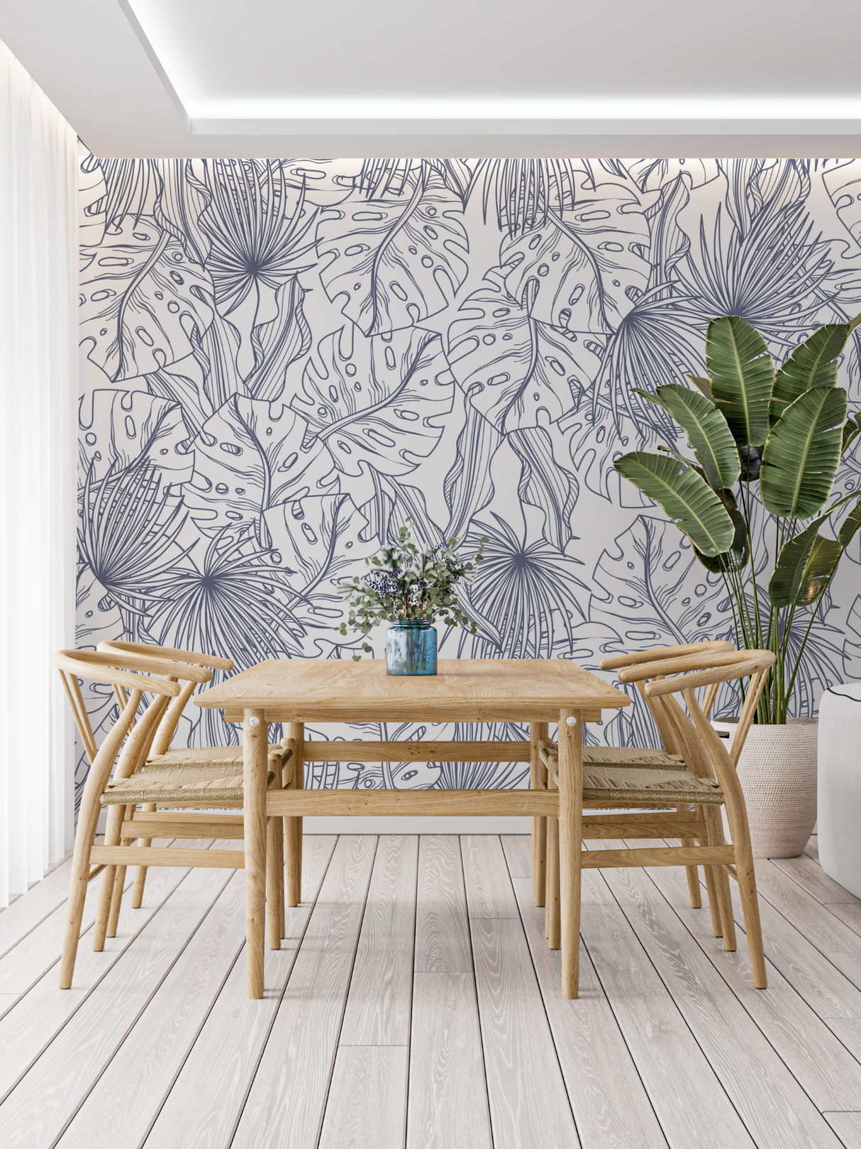 Tropical Line Art Mural Wallpaper | Blue Palm and Monstera Pattern