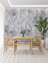 Tropical Line Art Mural Wallpaper | Blue Palm and Monstera Pattern