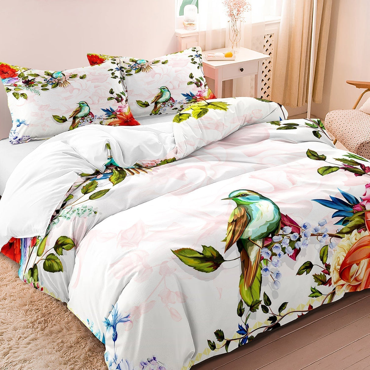 Tropical Bird Duvet Cover Set  Cotton Floral Print Bedding - Detailed view