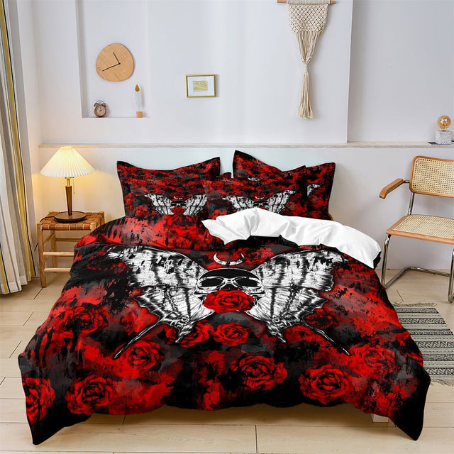 Gothic Bedding Set  Black Red Rose Skull Design - Product showcase