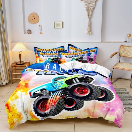 Kids Monster Truck Bedding Set  Racing Theme Cotton Duvet Cover - Product showcase