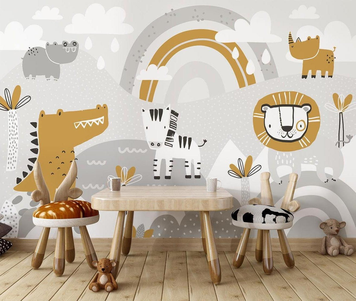 Safari Animals Mural Wallpaper | Playful Gold and Grey Design