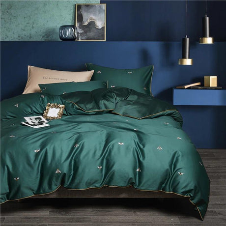 Luxury Egyptian Cotton Bedding  Forest Green With Embroidered Motifs - Product showcase