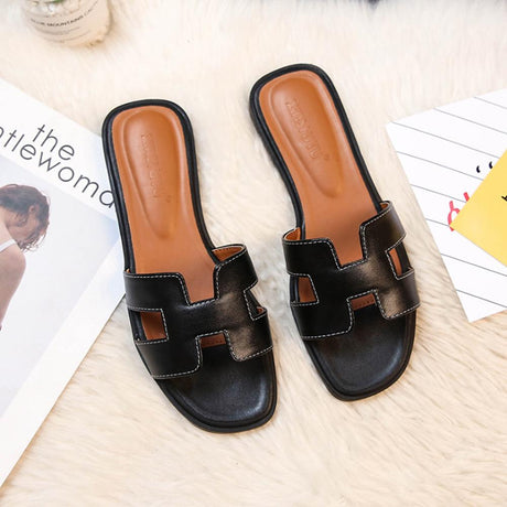 Designer Flat Sandals  White Leather H-Pattern Slides - Product detail 8