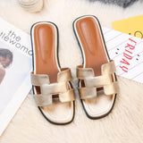 Designer Flat Sandals  White Leather H-Pattern Slides - Product detail 6