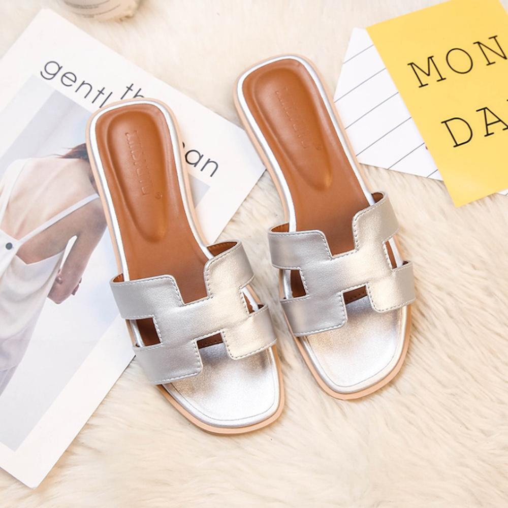 Designer Flat Sandals  White Leather H-Pattern Slides - Product detail 7