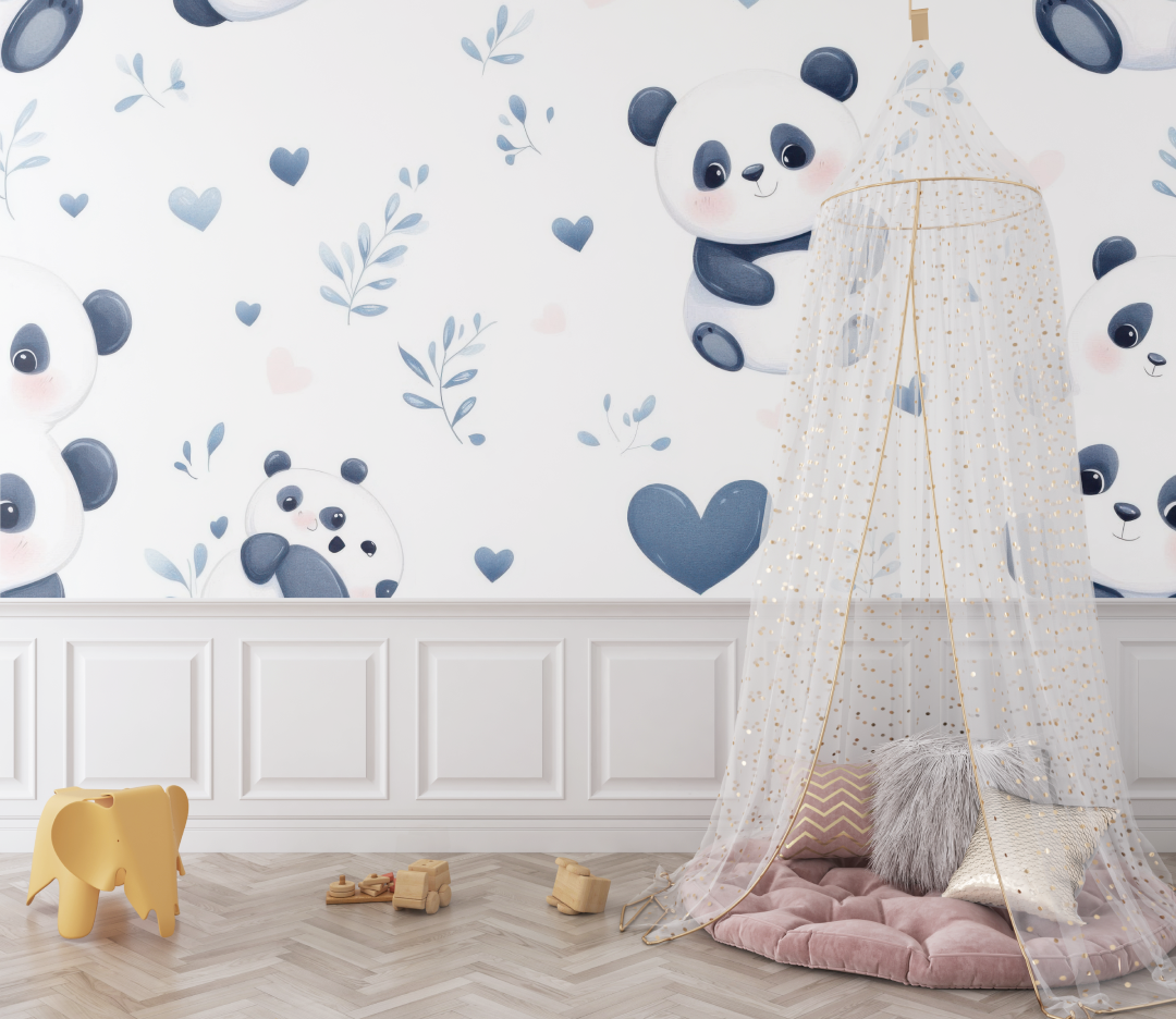 Panda Mural Wallpaper | Cute Nursery Design with Hearts and Clouds