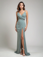 Elegant Evening Dress  Sage Green Fitted Gown With Side Slit - Product detail 13