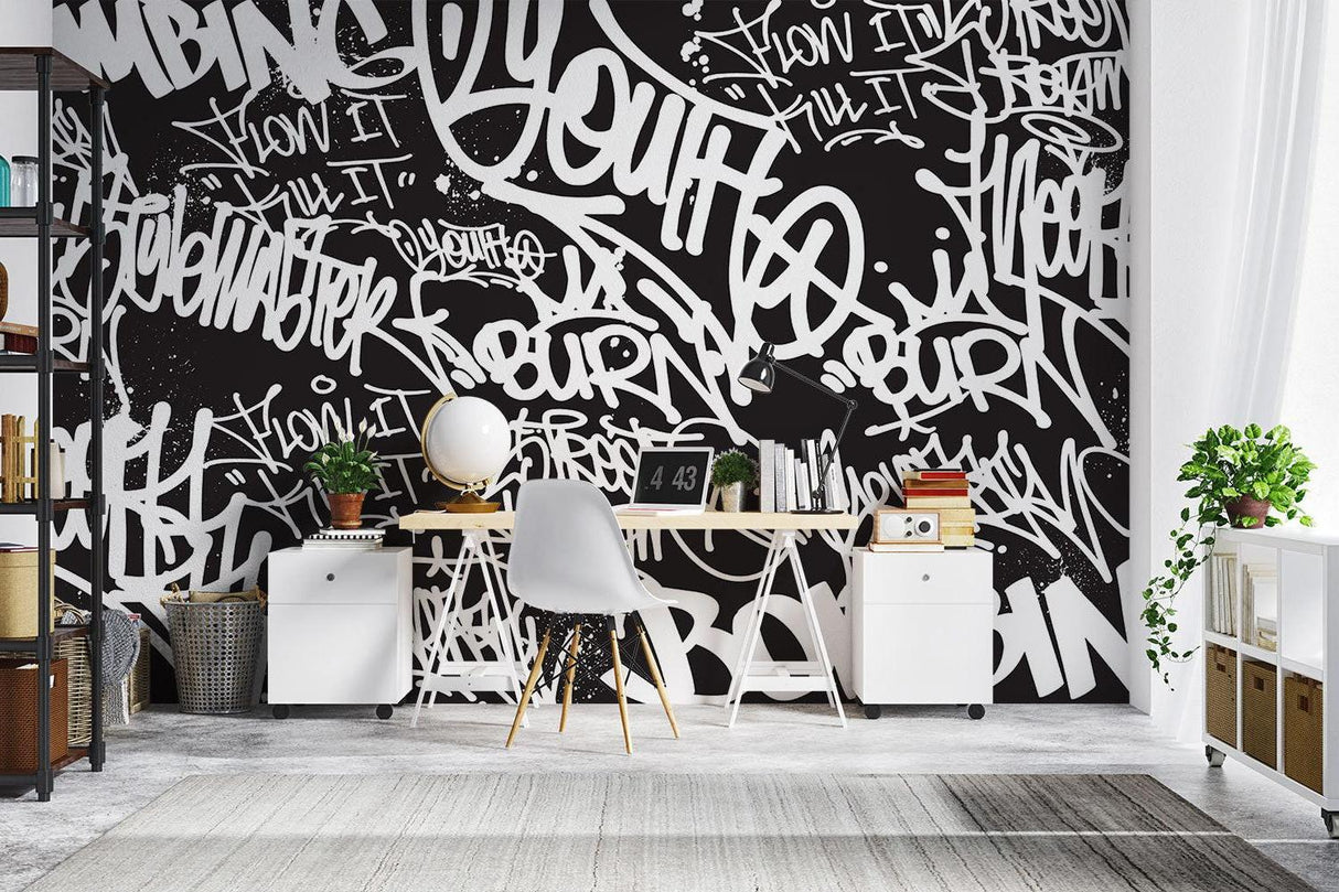 Graffiti Mural Wallpaper | Urban Black and White Street Art