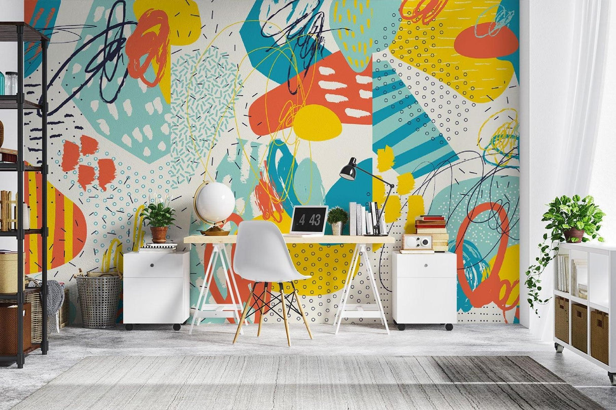 Abstract Mural Wallpaper | Modern Geometric Art in Teal and Yellow