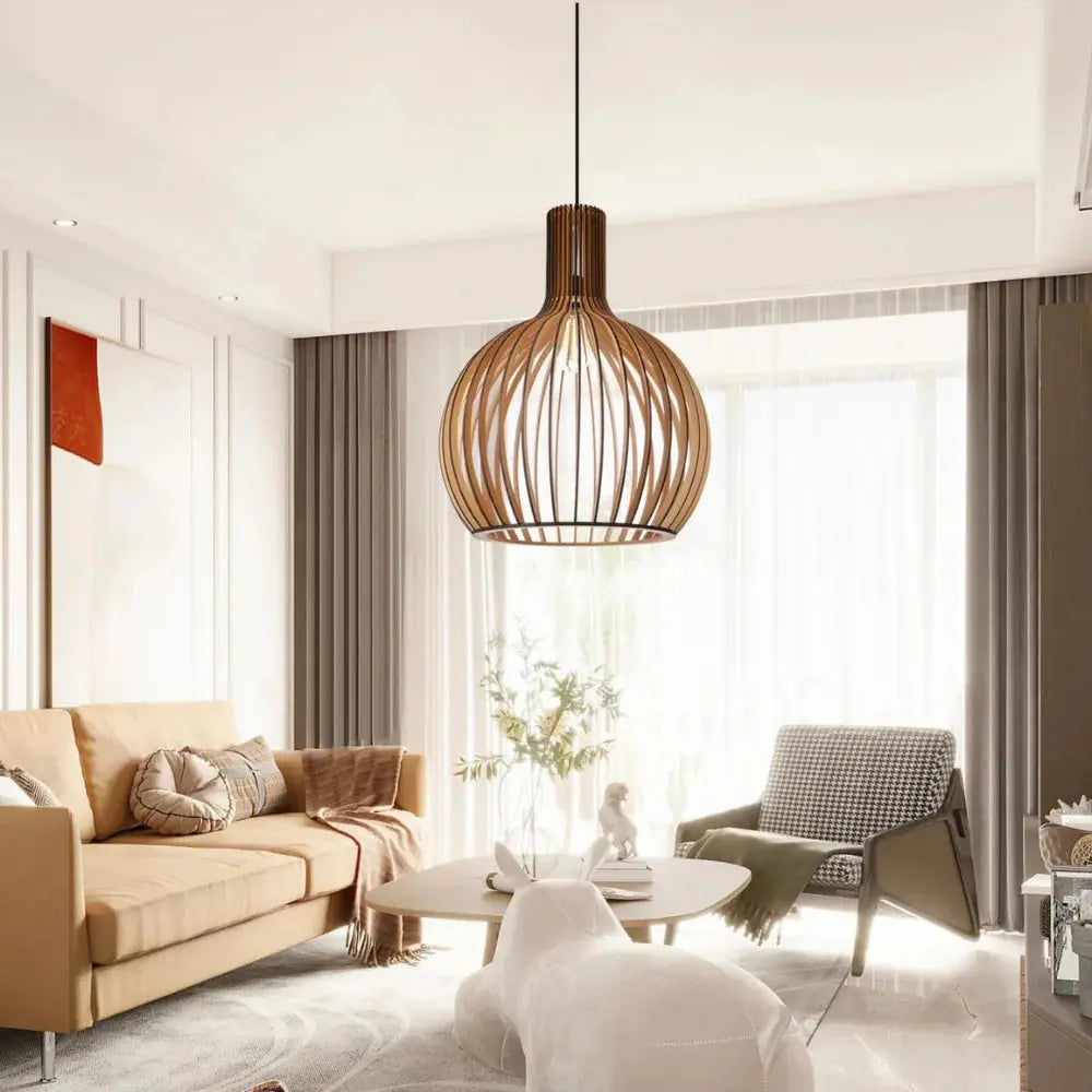 Danish Pendant Light  Wooden Globe Hanging Lamp - Product example