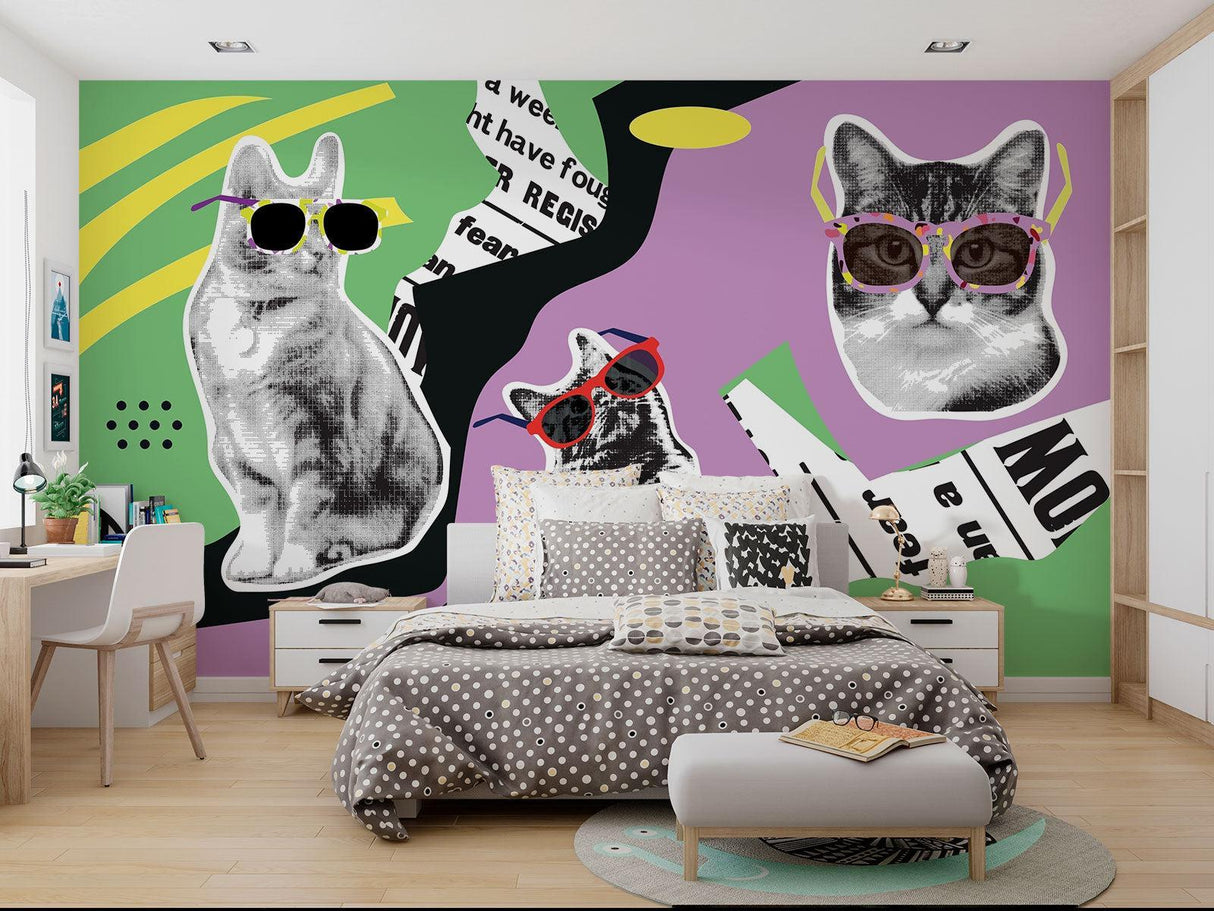 Pop Art Mural Wallpaper | Cool Cats With Sunglasses Design
