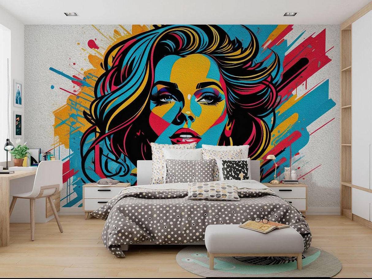Street Art Mural Wallpaper | Pop Art Portrait in Vibrant Colors