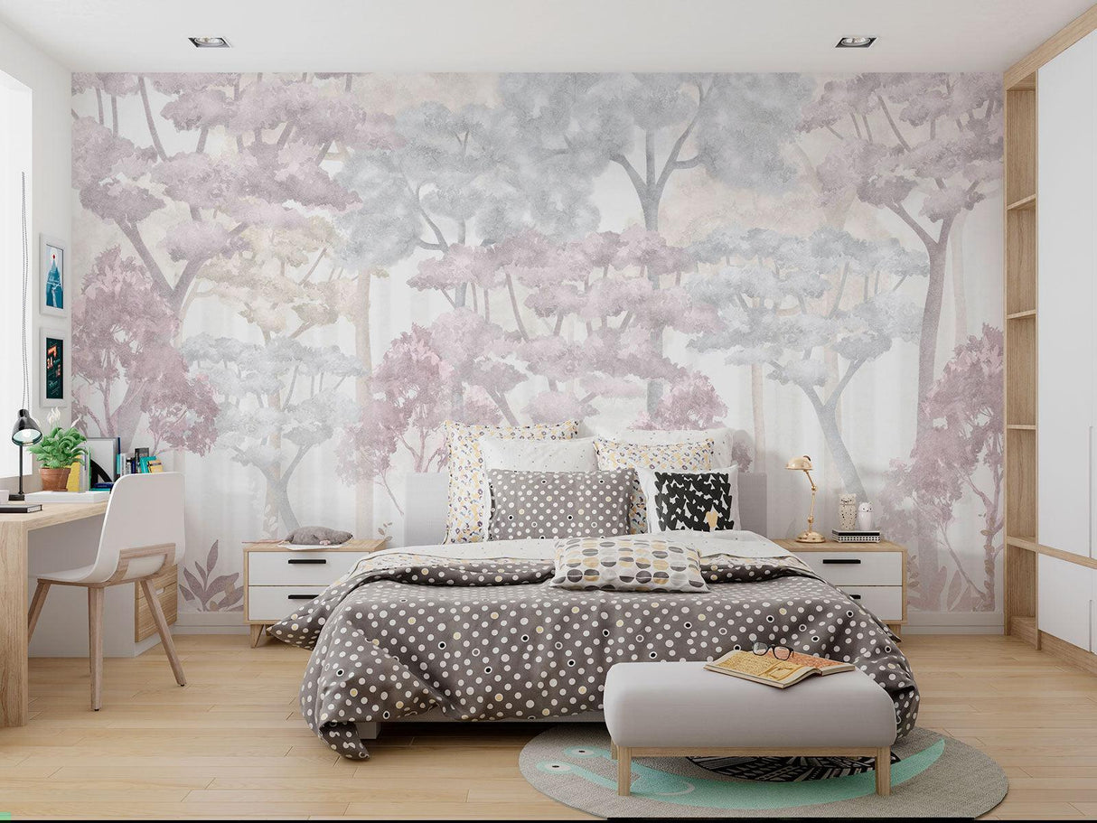 Wald Tapete | Traumhafte rosa und graue Aquarellbäume