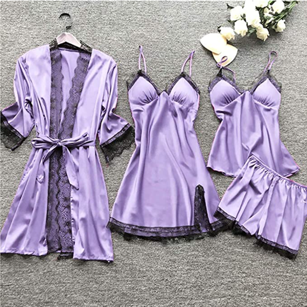 Luxury Silk Sleepwear Set  Lace Trim Kimono With Cami  Shorts - Product detail 4