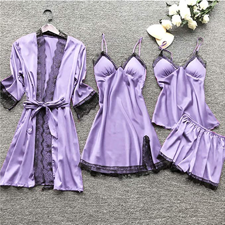 Luxury Silk Sleepwear Set  Lace Trim Kimono With Cami  Shorts - Product detail 4