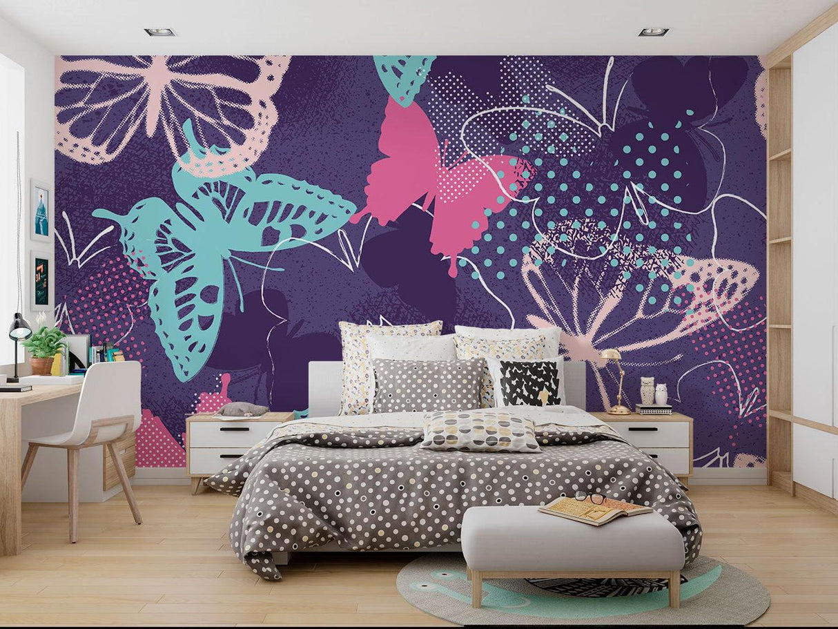 Butterfly Mural Wallpaper | Modern Purple and Turquoise Design