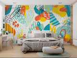 Abstract Mural Wallpaper | Modern Geometric Art in Teal and Yellow