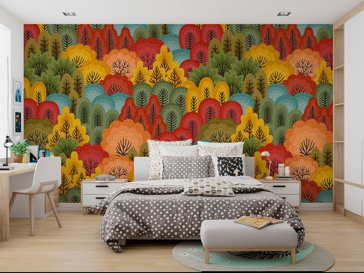 Forest Mural Wallpaper | Colorful Autumn Trees Pattern