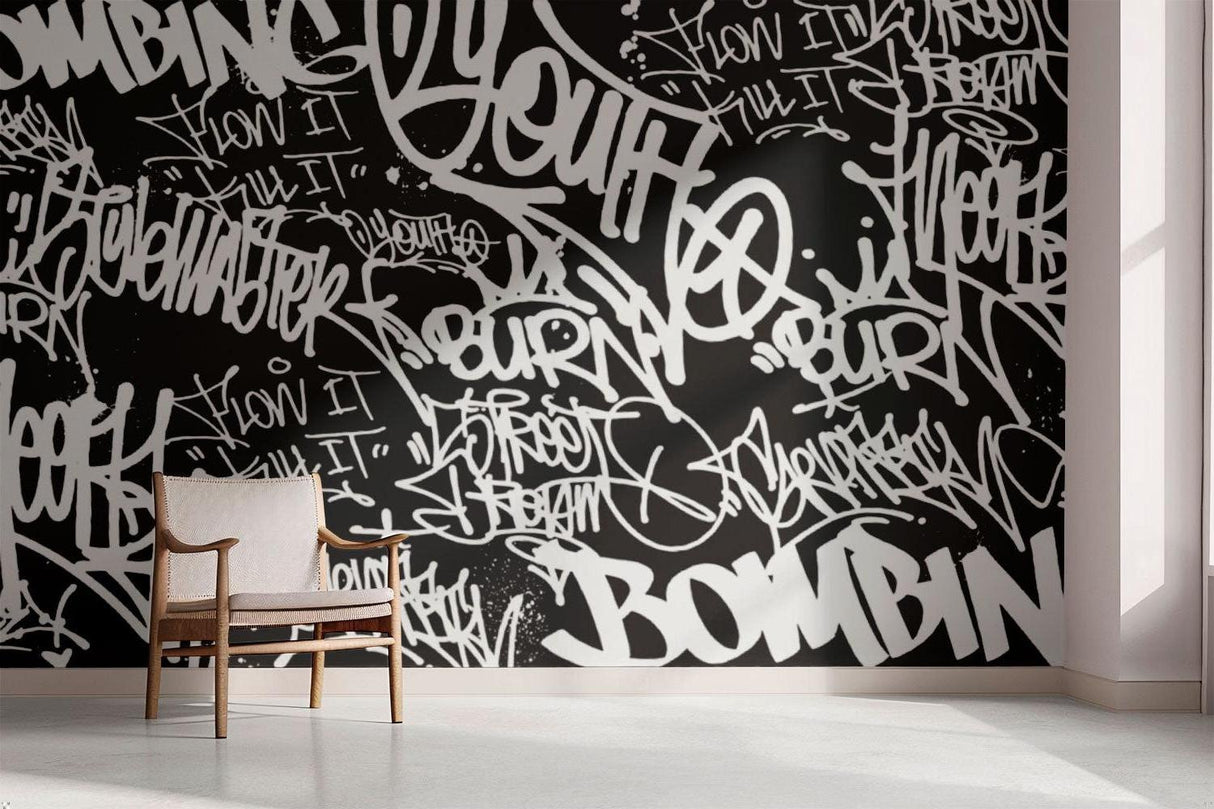 Graffiti Mural Wallpaper | Urban Black and White Street Art