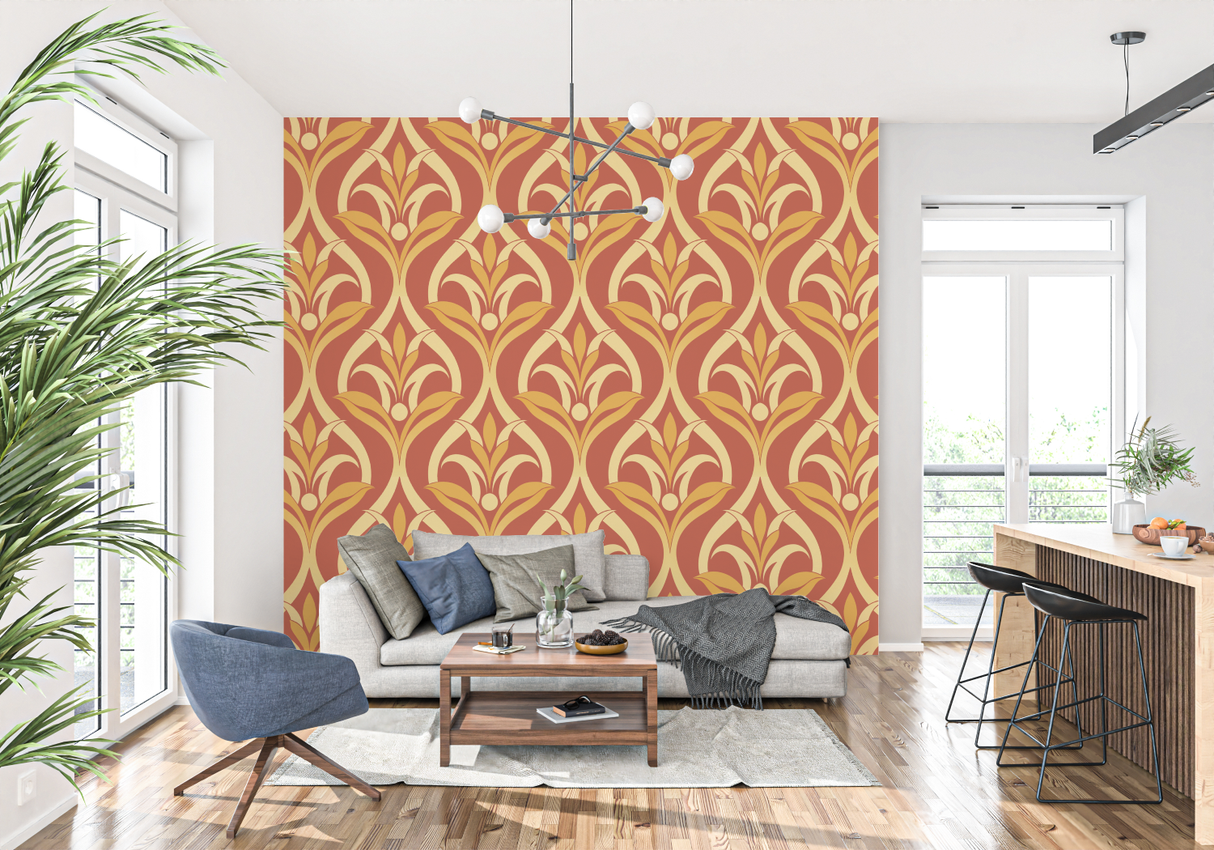 Art Nouveau Mural Wallpaper | Terracotta and Gold Floral Pattern