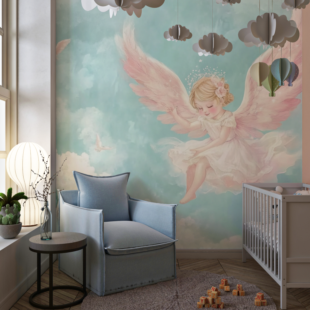 Fairy Castle Mural Wallpaper | Dreamy Angel and Pink Wings