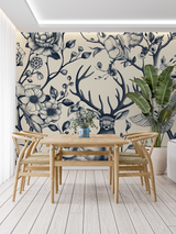 Forest Animals Mural Wallpaper | Deer and Floral Navy Pattern
