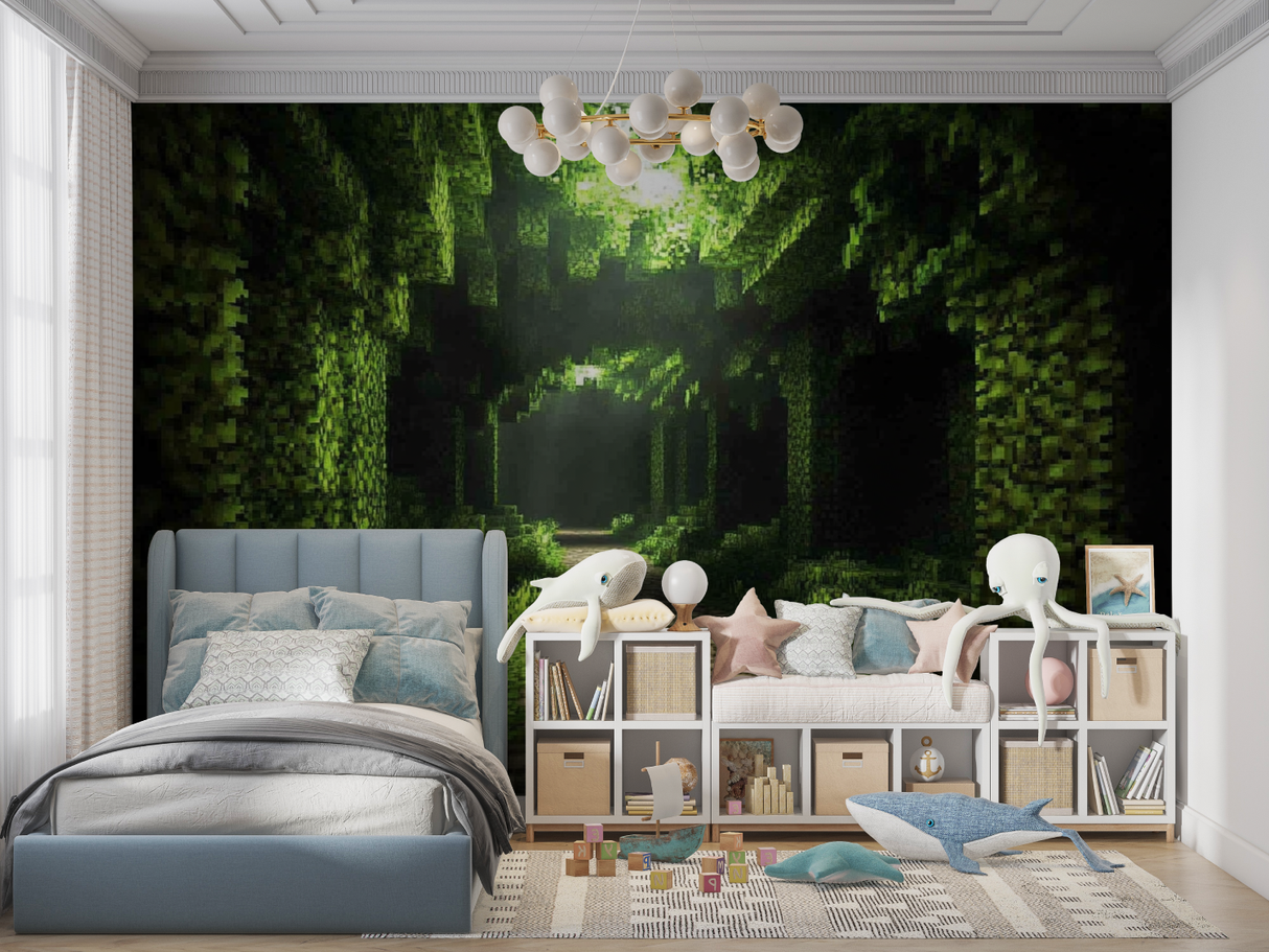 Forest Mural Wallpaper | Pixelated Green Valley Design