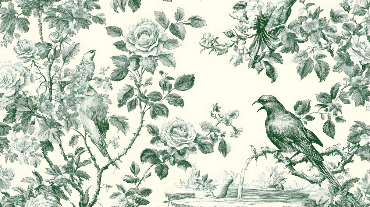 Vintage Floral Mural Wallpaper | Green Birds and Roses Toile de Jouy