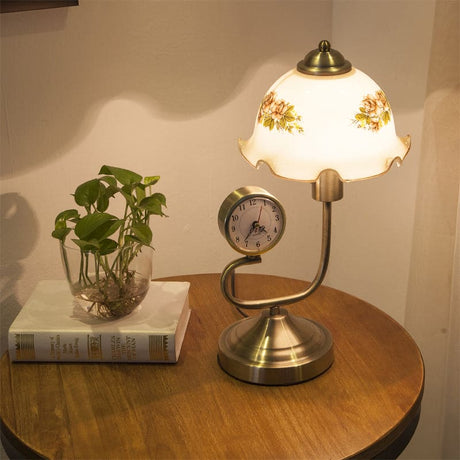 Vintage Table Lamp  Floral Glass Shade With Clock - Product showcase