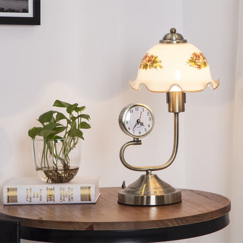 Vintage Table Lamp  Floral Glass Shade With Clock - Product example
