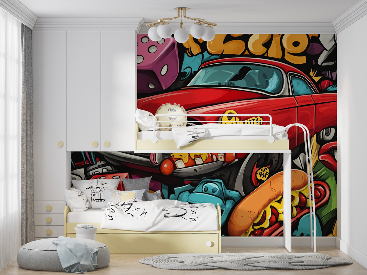 Street Art Mural Wallpaper | Vintage Red Car Graffiti Design