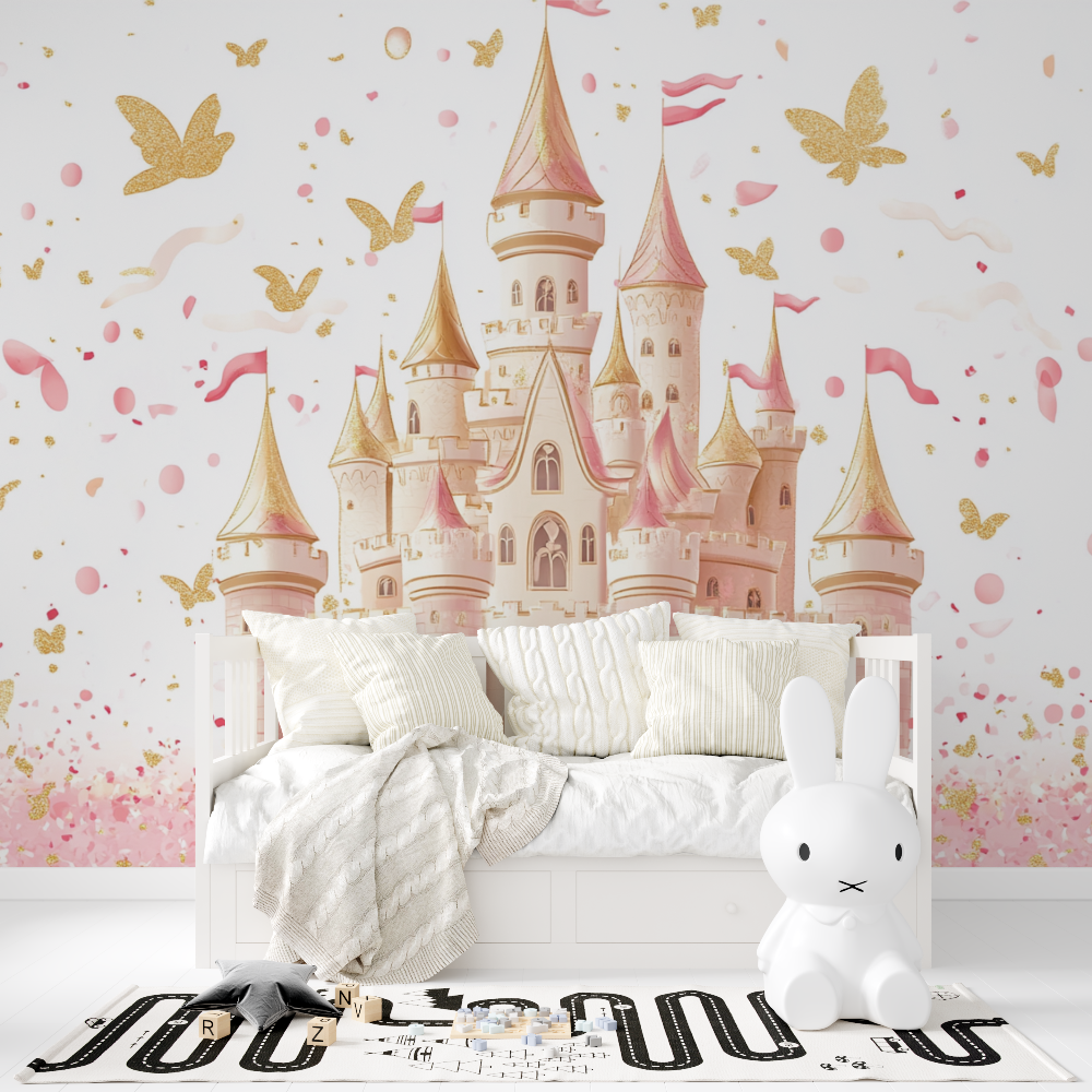 Princess Mural Wallpaper | Magical Castle with Gold Butterflies