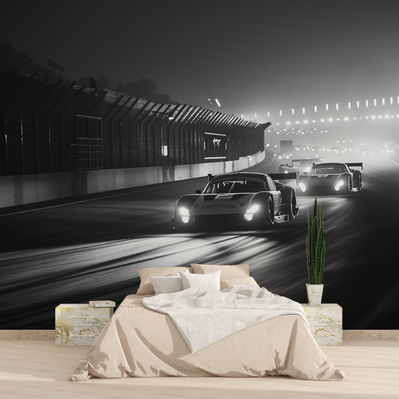 Racing Car Mural Wallpaper | Black and White Dynamic Design