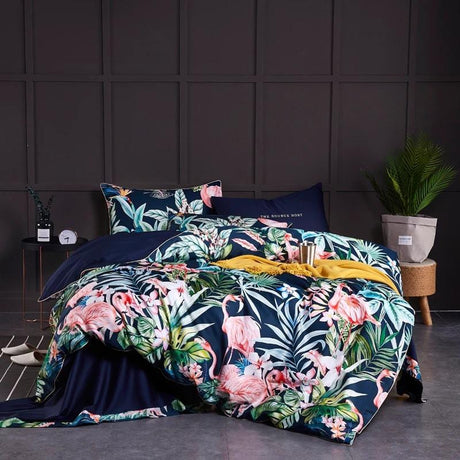 Tropical Flamingo Bedding Set  Navy Cotton Botanical Print - Product showcase