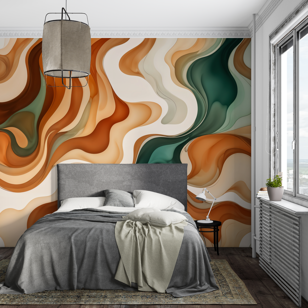 Abstract Mural Wallpaper | Terracotta and Emerald Waves Design