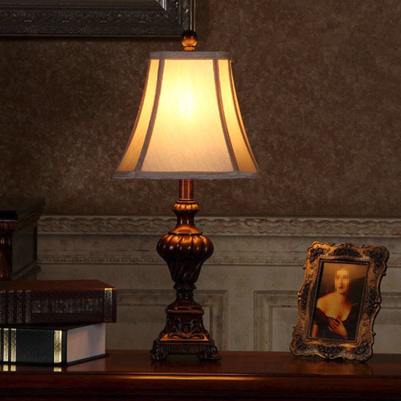 Traditional Table Lamp  Carved Wood Base With Cream Shade - Product example