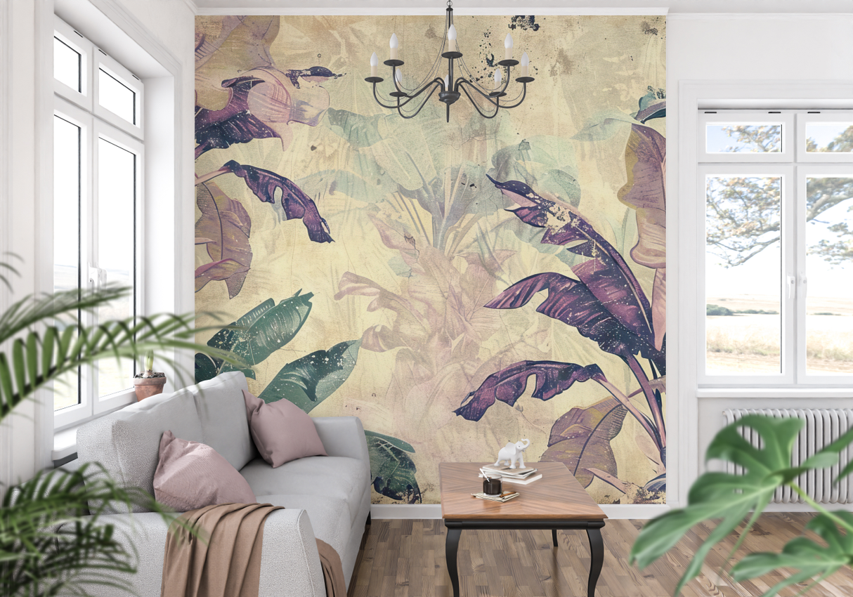 Tropical Mural Wallpaper | Vintage Purple Palm Leaves