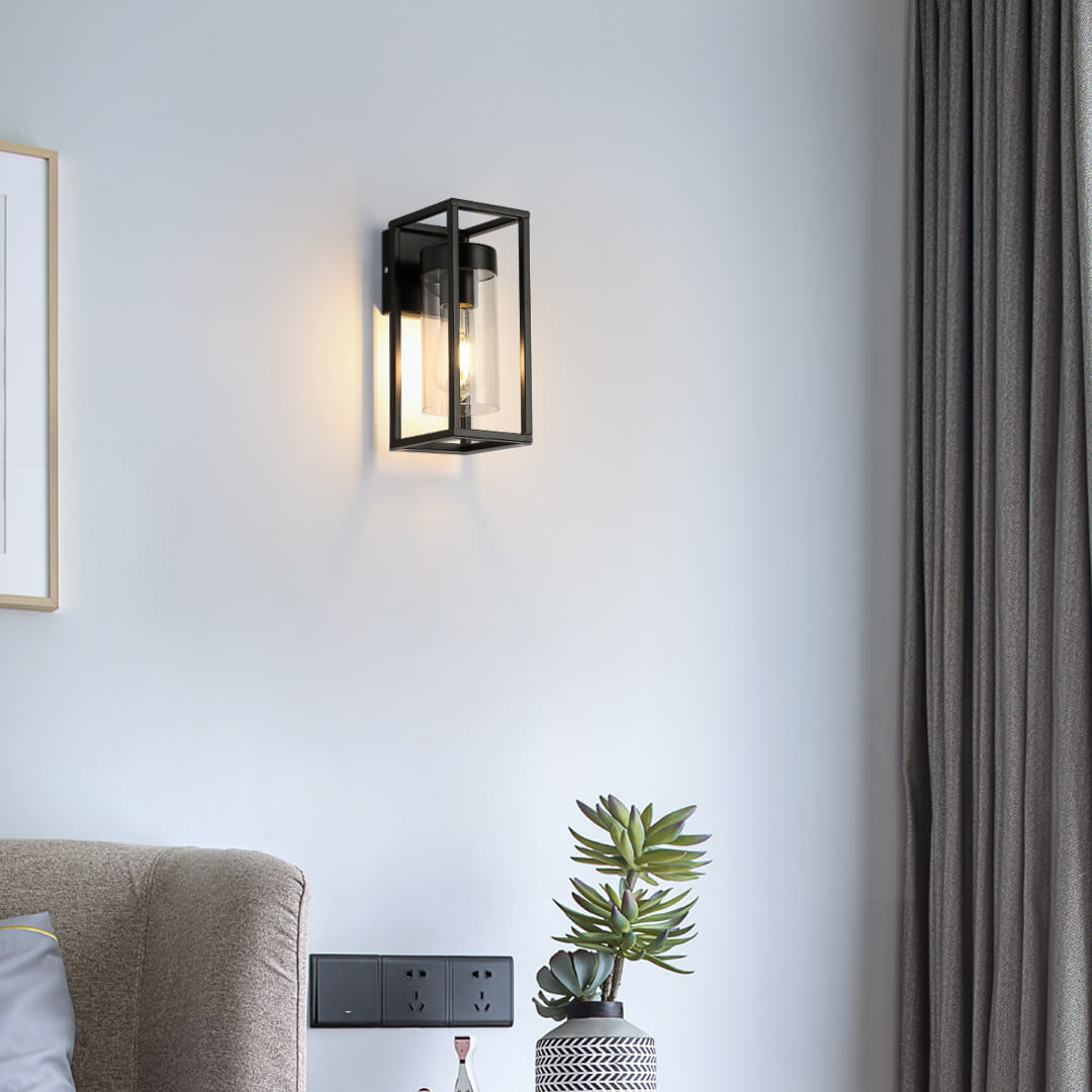 Modern Glass Wall Light  Black Frame Clear Panel Design - Product showcase