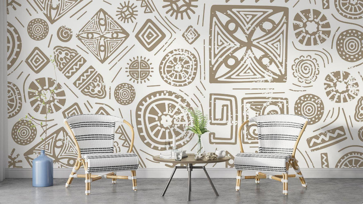 Geometric Mural Wallpaper | Tribal Beige and White Pattern