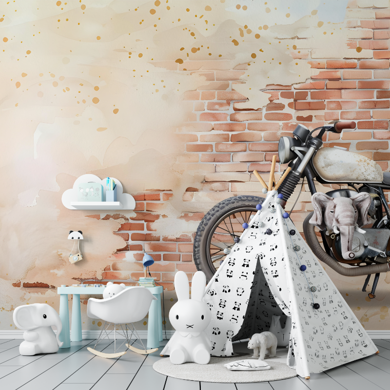 Industrial Mural Wallpaper | Vintage Motorcycle with Brick Wall