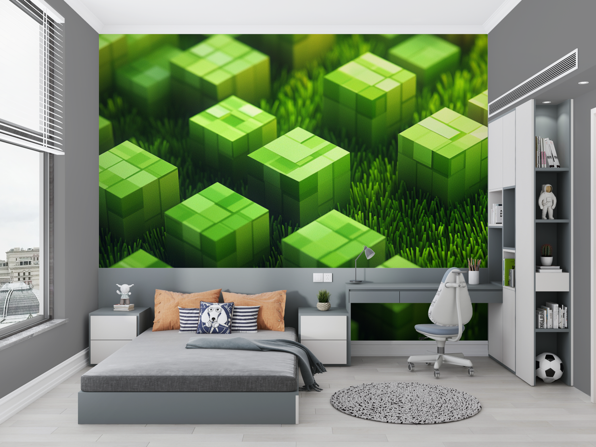 Gaming Mural Wallpaper | Minecraft Green Blocks Design
