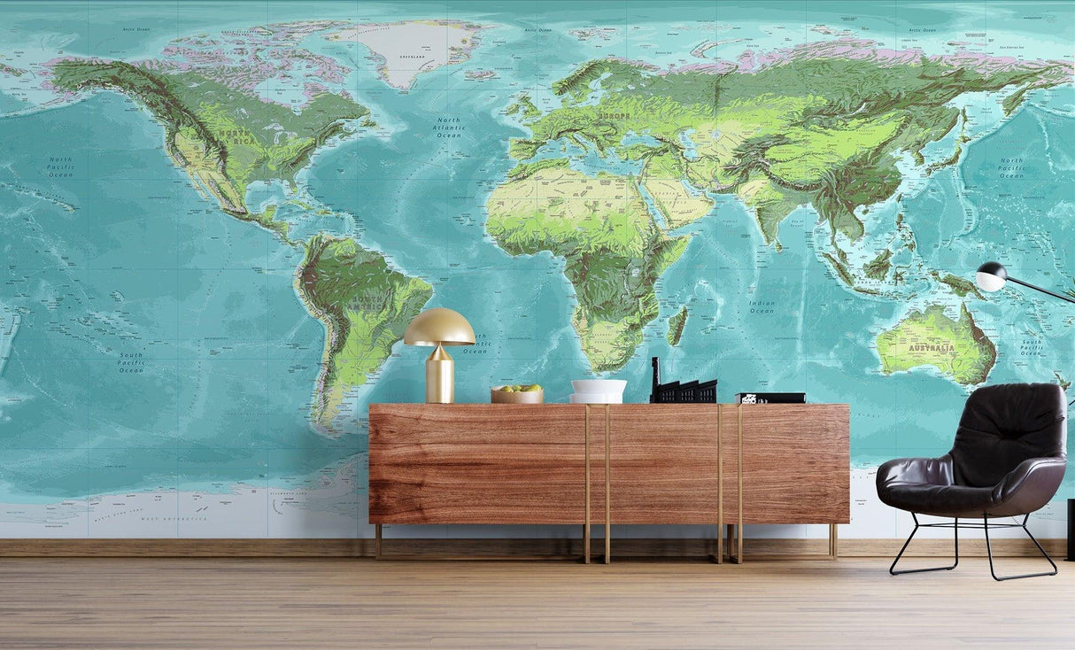 World Map Mural Wallpaper | Topographical Design in Turquoise and Green